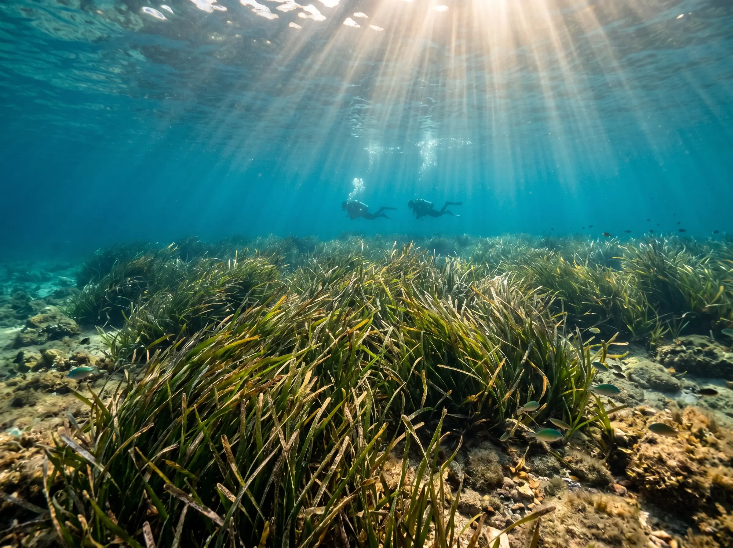Ambiente marino con subacquei in distanza